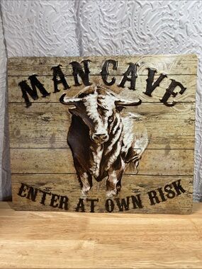 Rustic Embossed Metal Man Cave Sign - Enter At Own Risk Bull Decor